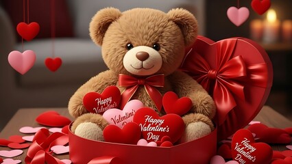 Teddy bear sitting in red gift box with valentine's day hearts and candles in background romantic atmosphere