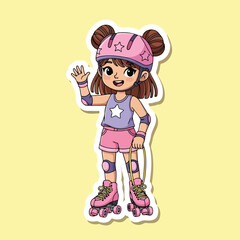 A cartoon illustration of a cheerful young girl wearing roller skates and protective gear waving her hand in a friendly gesture against a bright yellow background with a playful and