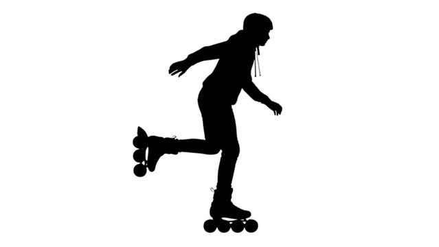 Dynamic black silhouette of a person roller skating with one leg lifted on a white background