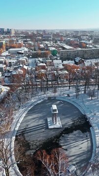 Aerial view of the General Jozef Bem Mausoleum in Tarnow, Poland. Winter Day in City Park. 