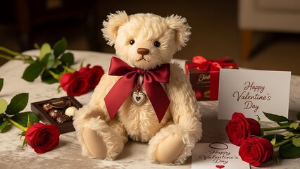 Luxury teddy bear with red roses and valentine's day card on elegant table setting