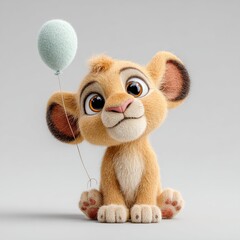 Cute Cartoon Lion Cub Holding a Soft Balloon in a Playful Pose