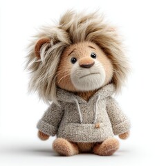 Cute Lion Plush Toy with Knit Sweater Sitting on White Background
