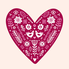 Folk floral heart with birds ornament
