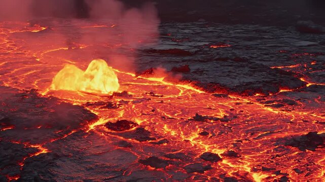 Fiery Lava Flow Erupting from Volcano in Dramatic Close-Up.