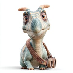 Cute cartoon dinosaur character with glasses and a leather strap