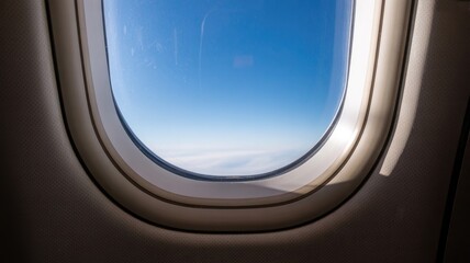 Airplane window view of blue sky and clouds during flight