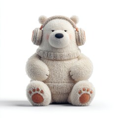 Cute fluffy bear in headphones enjoying music, cozy and warm vibes