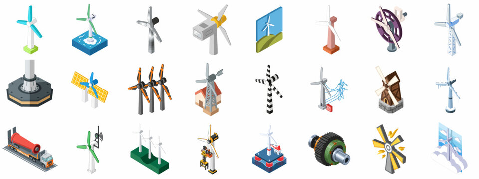 Isometric Wind Energy Icons Set: Renewable Power Generation, Wind Turbines, Mill Structures, Maintenance, Transport, and Technology Elements on White Background.