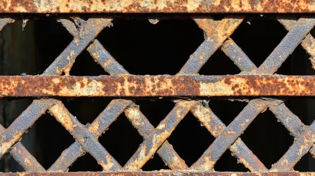 Intricate metallic lattice work of cast iron showing signs of rust and age in a close up outdoor view