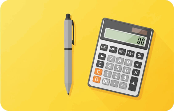 A gray pen rests beside a calculator on a bright yellow background