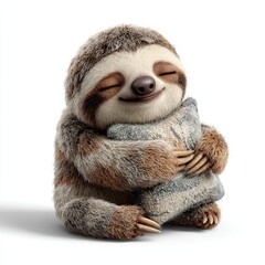 Cute cartoon sloth cuddling a soft pillow with a friendly expression