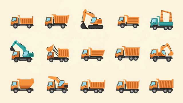 A grid of 15 construction vehicles, featuring dump trucks and excavators