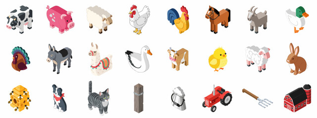 Isometric Farm Animals and Equipment Icons Set including Cow, Pig, Chicken, Horse, Sheep, Tractor, and Barn for Agriculture and Rural Life Concepts. © Sabiqul