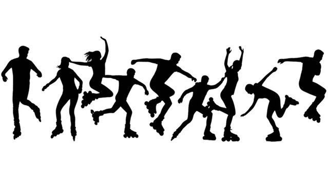 Dynamic silhouettes of people rollerblading and inline skating in various action poses