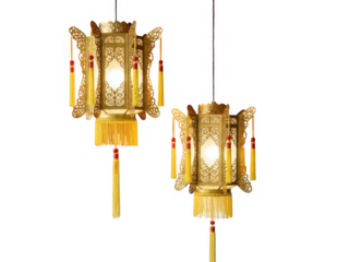 Decorative golden lanterns with tassels isolated on transparent background