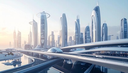 Fototapeta premium Futuristic smart city with advanced highways and high-tech architecture. Concept of smart city, sustainable transportation, urban innovation. Includes space for logo, ideal for technology and business