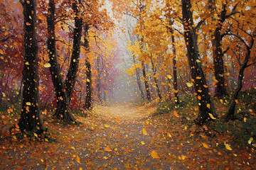 Obraz premium Vibrant autumn forest scene with colorful leaves falling
