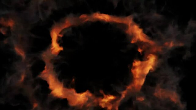 Fire explosion ring with realistic smoke and burning flames animation isolated on solid background.