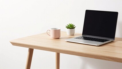 Fototapeta premium A sleek wooden desk features an open laptop with a black screen, a soft pink mug, and a small succulent, creating a warm and productive minimalist workspace mockup.