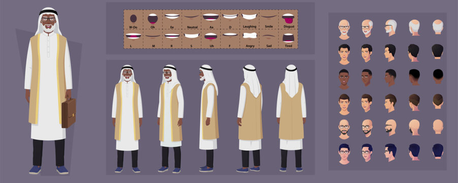 Cartoon Senior Arabic Muslim Man Wearing Thobe, Front, Side and Back view with Multiple Races and Ethnicities, lip-Syncing, Expressions and Movable joints Vector Illustration