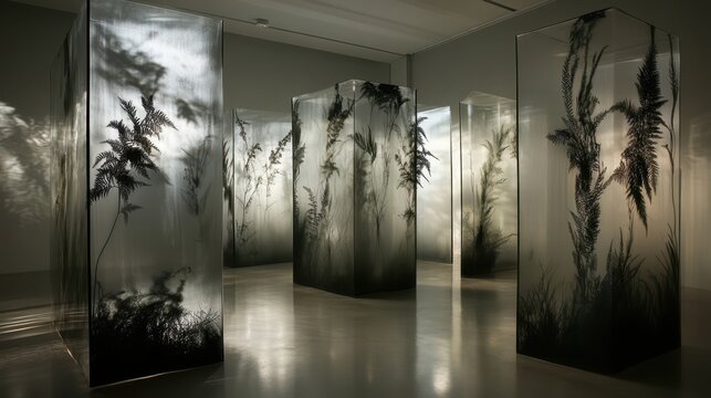 Layered translucent resin panels displaying botanical silhouettes in a modern art gallery installation