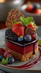 Decadent Berry Chocolate Dessert with Fresh Fruits and Mint Garnish
