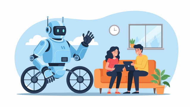 A friendly robot waves from a bicycle while two people work on laptops