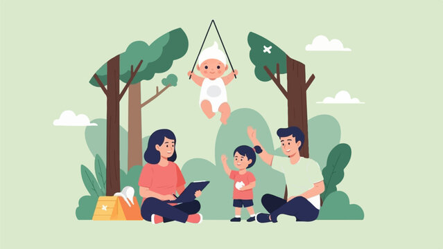 A family enjoys a picnic and playtime with their baby in a park setting