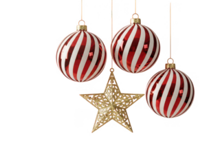 Hanging red and white striped ornaments with a golden star isolated on transparent background