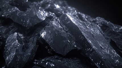 Jagged black obsidian fragments with a sharp fractured texture glinting under light