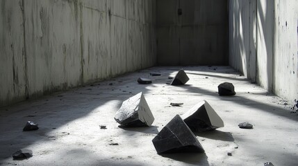 Jagged obsidian shards scattered across a stark grey concrete floor with dramatic shadows
