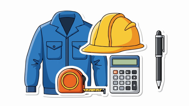 A blue worker's jacket, yellow hard hat, tape measure, calculator, and pen