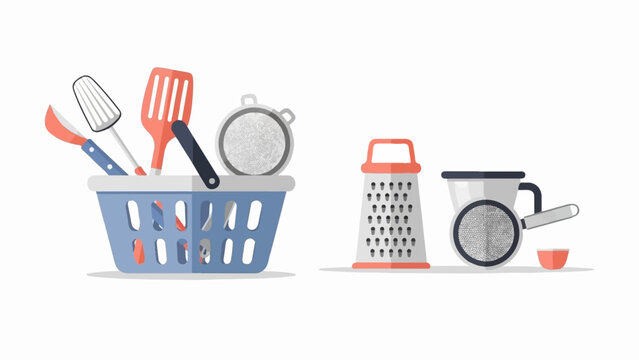 A blue basket with kitchen utensils, and separate grater and sieve