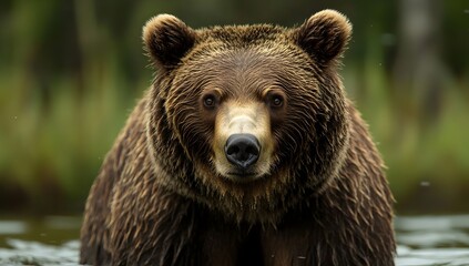 Fototapeta premium A captivating close-up of a brown bear's face. The bear has rich, dark brown fur and a focused, direct gaze. Background is a blurred green forest and water, emphasizing the animal’s presence. Wildlife