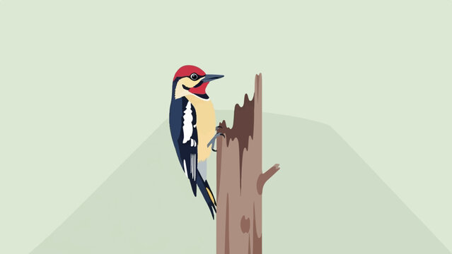 A colorful woodpecker with red, yellow, and blue plumage perches on a broken tree trunk