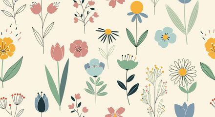 Seamless ditsy floral pattern with fantasy little flowers and leaves in folk style, Vector