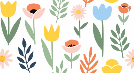 Seamless vector illustration of a spring floral pattern set featuring red and pink tulip blossoms with green leaves for nature wallpaper design