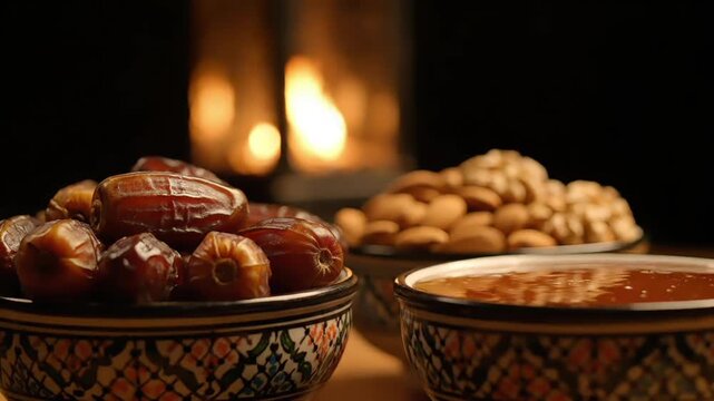 A warmly lit arrangement of dates, nuts, and a bowl of sauce on decorative bowls with a fireplace in the background, symbolizing a traditional Ramadan iftar setting.