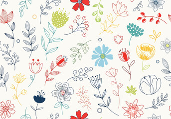Seamless floral pattern with vintage flowers and butterflies featuring summer nature elements for textile wallpaper design