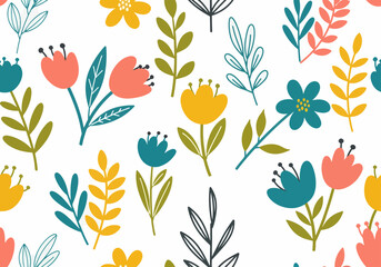 Flowers, leaves and berries pastel seamless pattern on white bac
