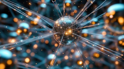 Intricate network of fine threads forming a glowing sphere with radiating light