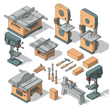 Isometric Vector Illustration of Woodworking Tools and Machinery for DIY and Craft Projects.