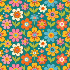 Fototapeta premium Colorful vintage floral seamless pattern vector featuring pink summer flowers and green leaf ornaments for spring wallpaper fabric design