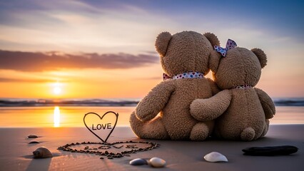 Teddy bear couple embracing on beach at sunset with heart made of stones and love symbol