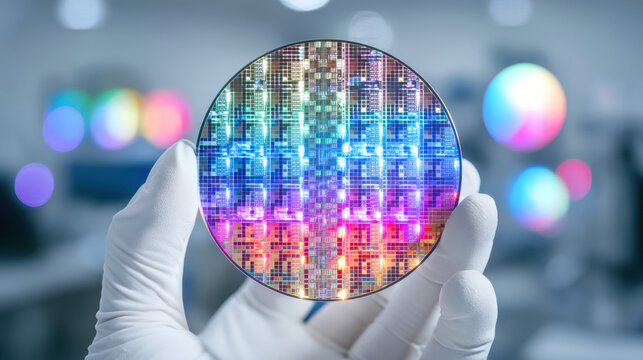 Colorful microchip wafer held with gloved hand in cleanroom, glowing circuitry and reflective pattern with soft bokeh lights