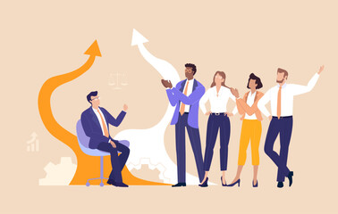 Fototapeta premium A group of professionals talks with their boss in a modern office, sharing ideas, discussing challenges, and aligning on decisions that reflect leadership, teamwork, clear communication, and workplace