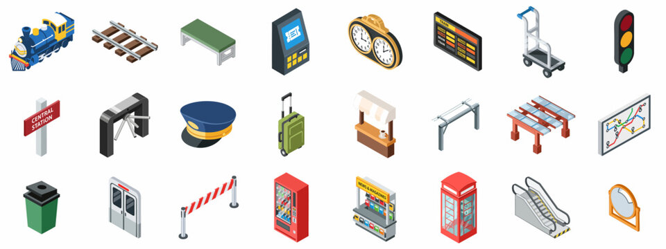 Comprehensive isometric icon set for railway and train station elements, featuring locomotive, tracks, ticketing, signage, infrastructure, and travel equipment.