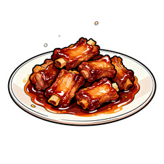 [Transparent Background PNG]Delicious braised pork ribs with shiny sauce on plate
