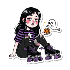 A cartoon illustration of a girl on roller skates holding a jack-o-lantern with a ghost beside her on a white background with a playful and spooky mood.
